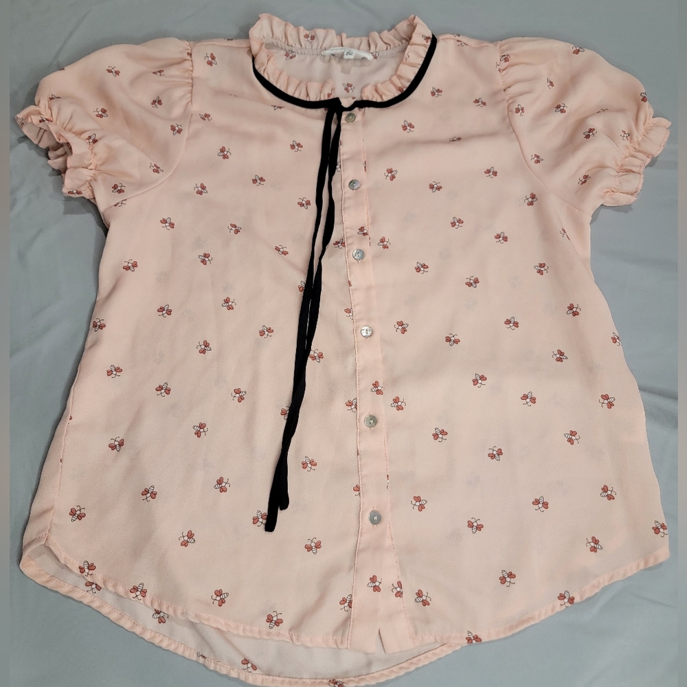Pink Floral Girls Top with Black Ribbon Tie